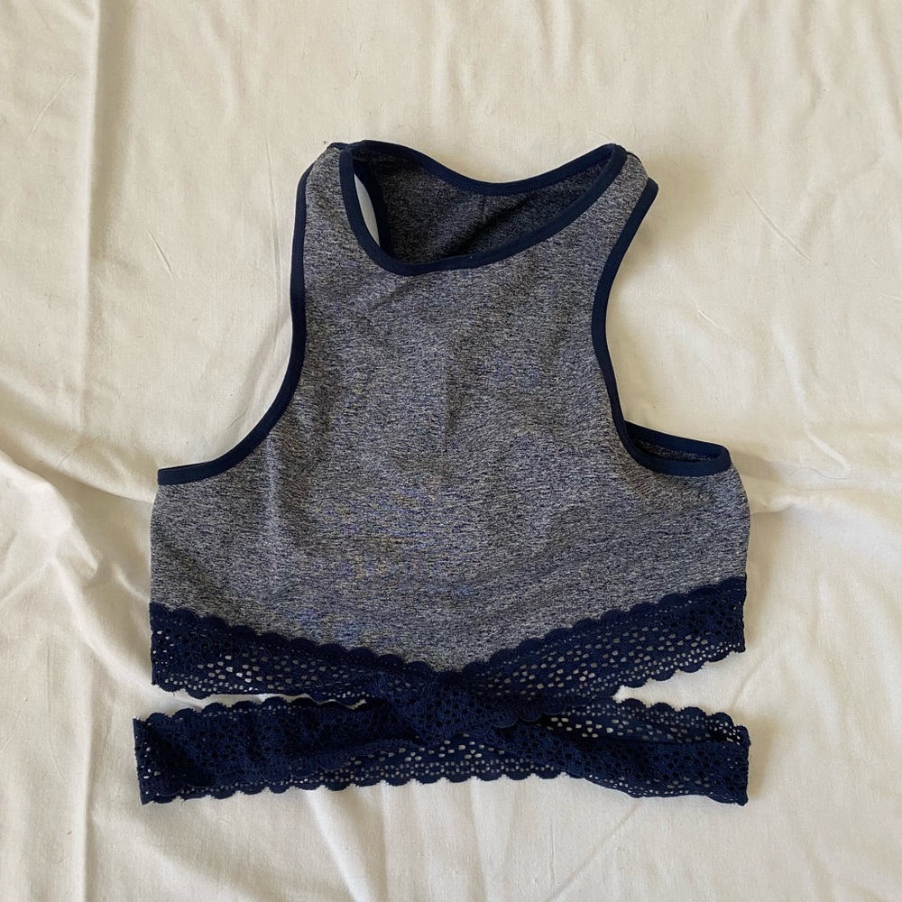 EUC - aerie Navy space dye high neck bralette w/ lace wrap around waist
